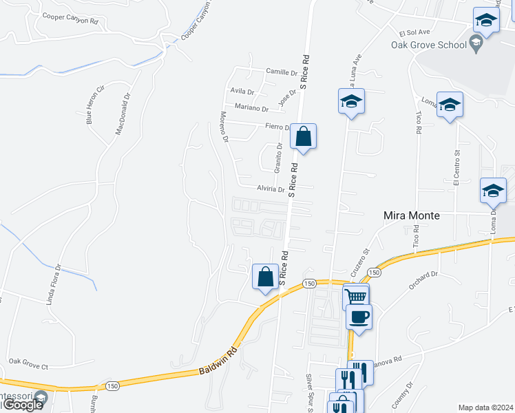 map of restaurants, bars, coffee shops, grocery stores, and more near 1225 South Rice Road in Ojai