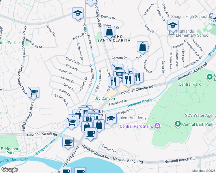 map of restaurants, bars, coffee shops, grocery stores, and more near 26861 Cuatro Milpas Street in Santa Clarita