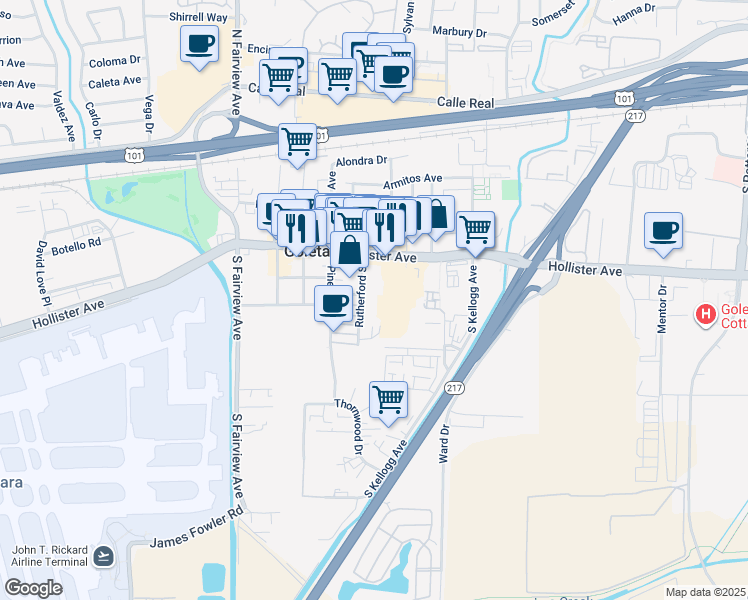 map of restaurants, bars, coffee shops, grocery stores, and more near 340 Rutherford Street in Goleta