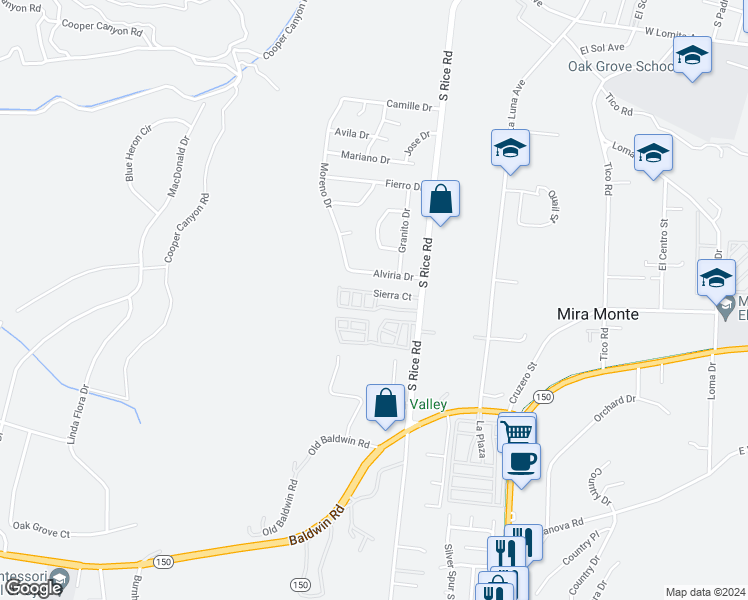 map of restaurants, bars, coffee shops, grocery stores, and more near 1225 South Rice Road in Ojai