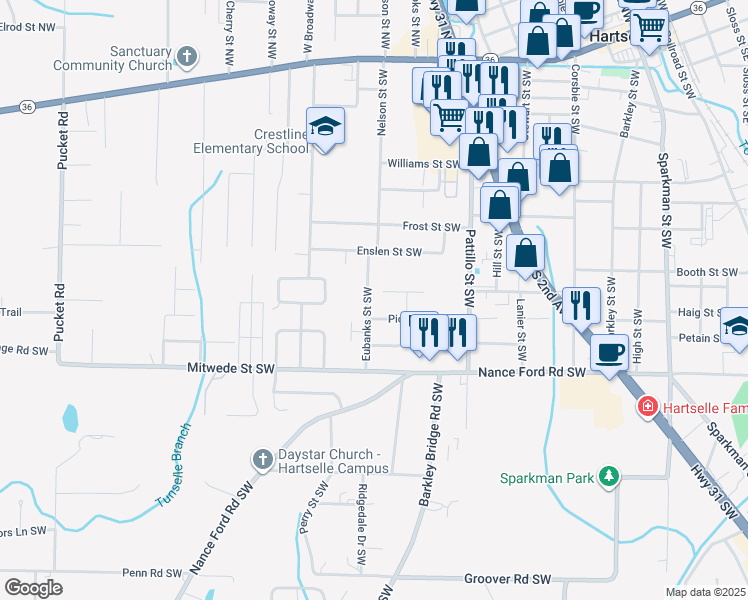 map of restaurants, bars, coffee shops, grocery stores, and more near 1100 Eubanks Street Southwest in Hartselle