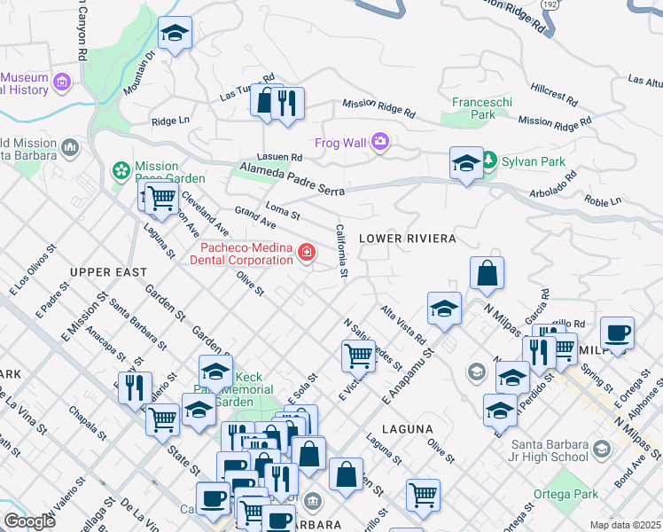 map of restaurants, bars, coffee shops, grocery stores, and more near 601 East Micheltorena Street in Santa Barbara