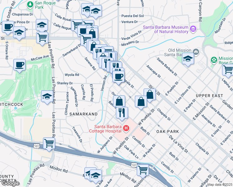 map of restaurants, bars, coffee shops, grocery stores, and more near 2611 Orella Street in Santa Barbara