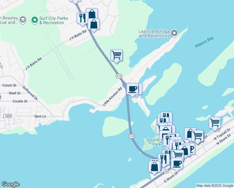 map of restaurants, bars, coffee shops, grocery stores, and more near 202A Bridgeview Court in Holly Ridge
