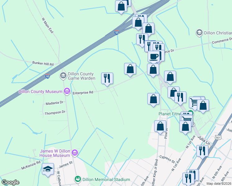 map of restaurants, bars, coffee shops, grocery stores, and more near 806 Leco Road in Dillon