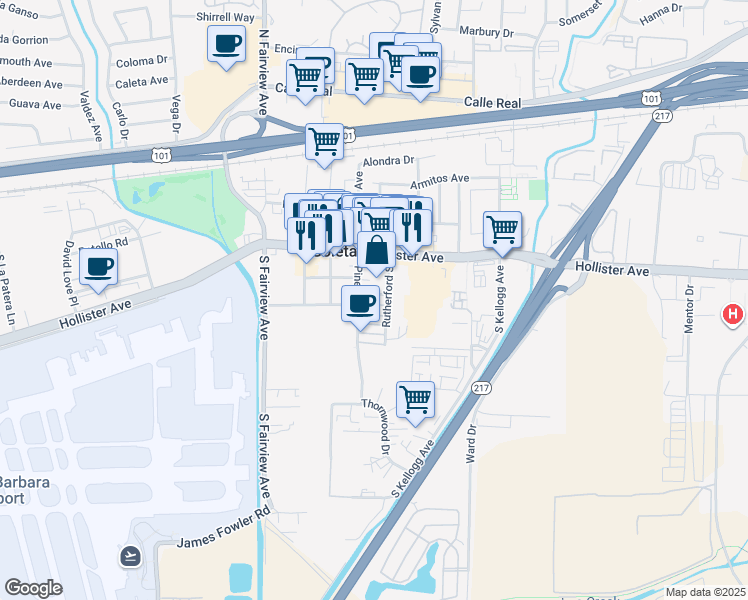map of restaurants, bars, coffee shops, grocery stores, and more near 5775 Dawson Street in Goleta
