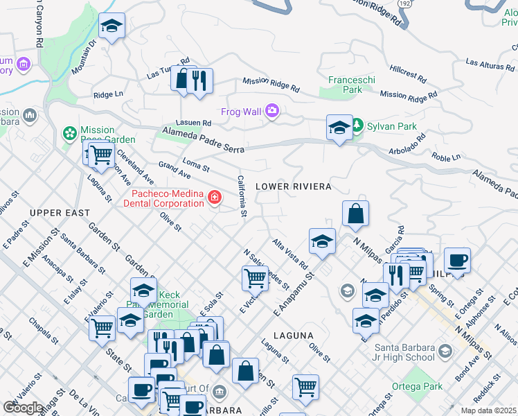 map of restaurants, bars, coffee shops, grocery stores, and more near 1515 Alta Vista Road in Santa Barbara