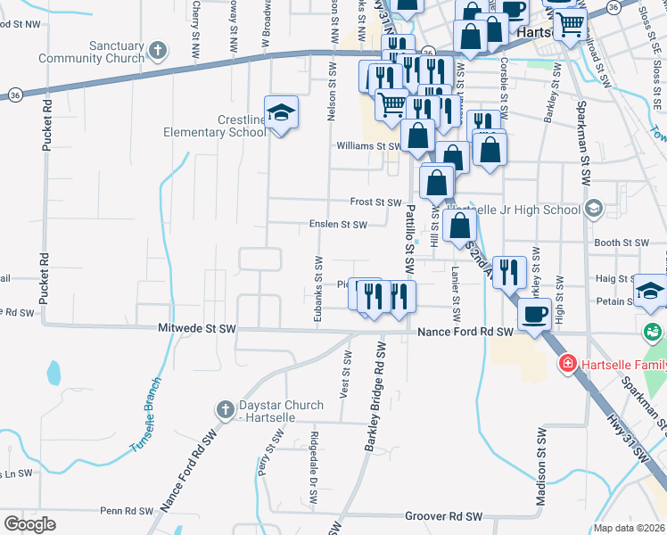 map of restaurants, bars, coffee shops, grocery stores, and more near 1100 Eubanks Street Southwest in Hartselle