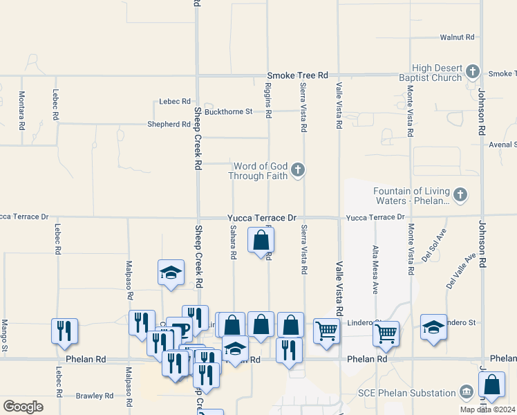 map of restaurants, bars, coffee shops, grocery stores, and more near 4250 Yucca Terrace Drive in Phelan