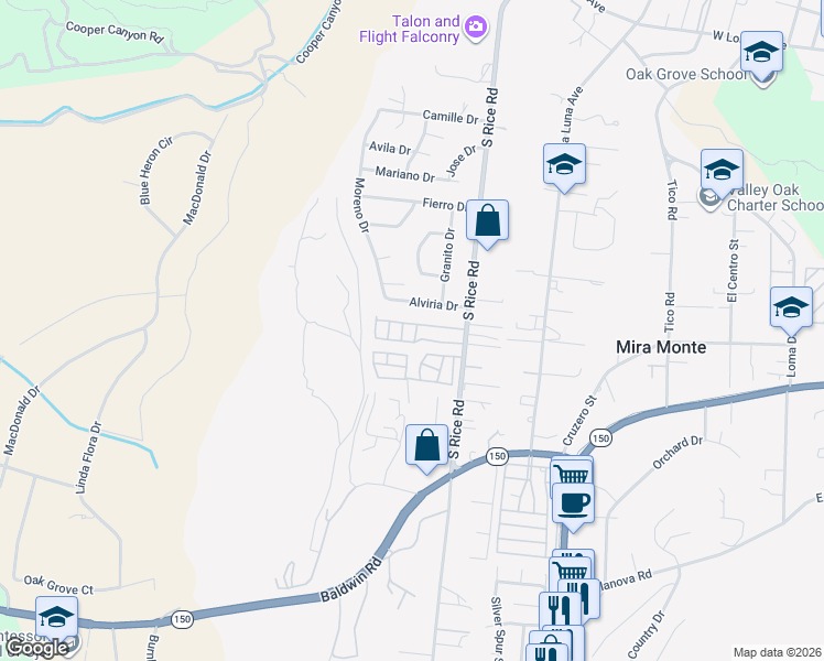 map of restaurants, bars, coffee shops, grocery stores, and more near 1225 South Rice Road in Ojai