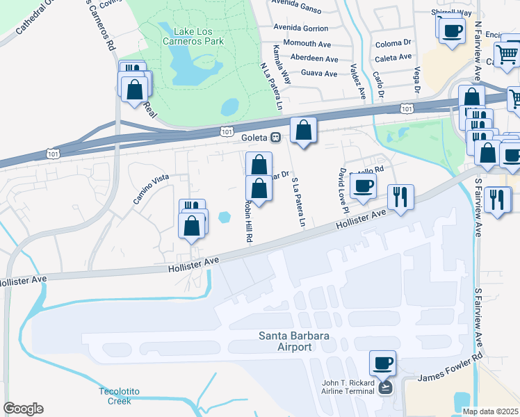 map of restaurants, bars, coffee shops, grocery stores, and more near 130 Robin Hill Road in Goleta