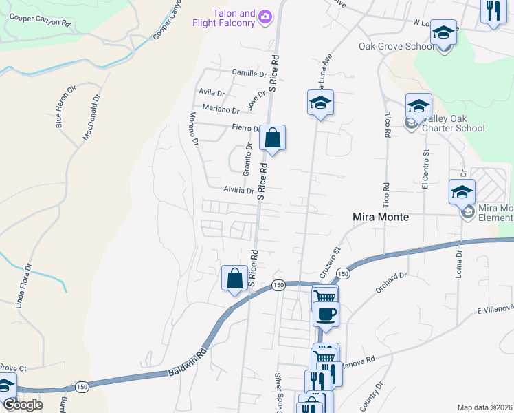 map of restaurants, bars, coffee shops, grocery stores, and more near 1225 Sierra Court in Ojai