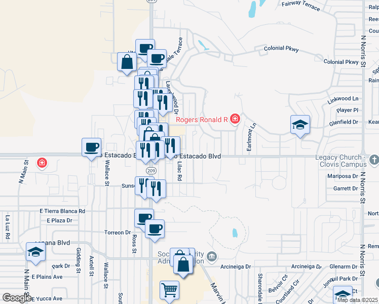 map of restaurants, bars, coffee shops, grocery stores, and more near 3500 Adenmor Court in Clovis