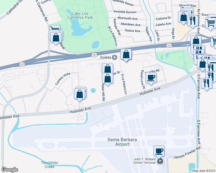 map of restaurants, bars, coffee shops, grocery stores, and more near 130 Robin Hill Rd in Goleta