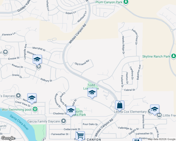 map of restaurants, bars, coffee shops, grocery stores, and more near 28052 Wildwind Road in Santa Clarita