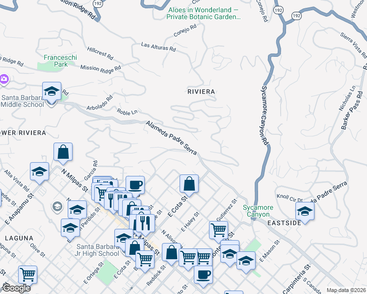 map of restaurants, bars, coffee shops, grocery stores, and more near 1329 De La Guerra Road in Santa Barbara