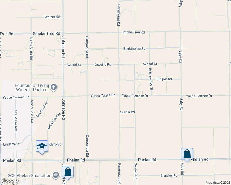 map of restaurants, bars, coffee shops, grocery stores, and more near Yucca Terrce Road in Phelan