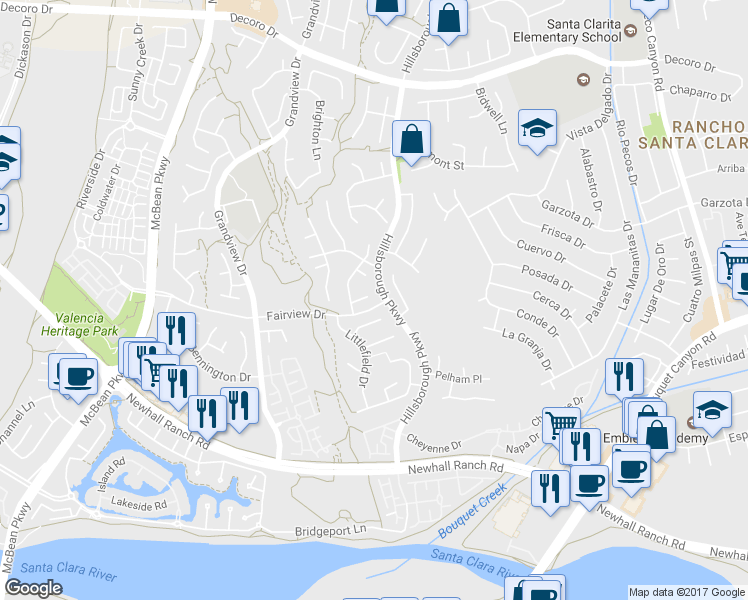 map of restaurants, bars, coffee shops, grocery stores, and more near 23500 Meriden Place in Santa Clarita