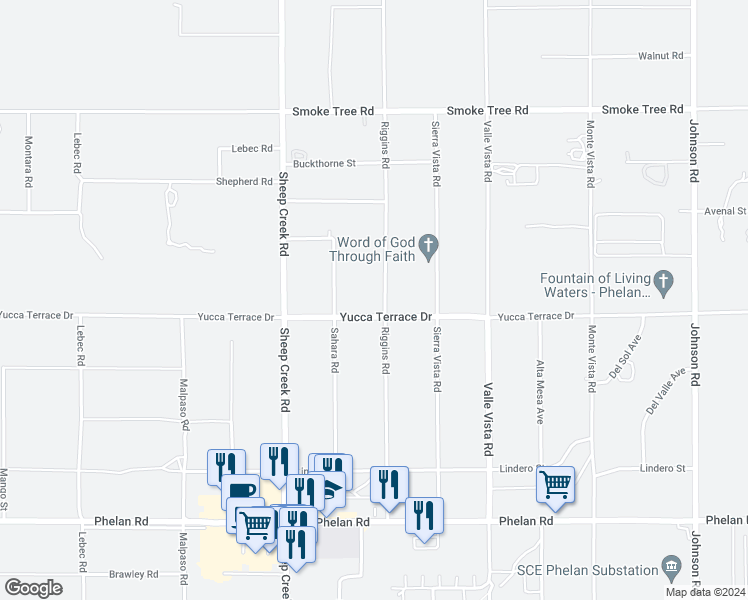 map of restaurants, bars, coffee shops, grocery stores, and more near 4250 Yucca Terrace Drive in Phelan