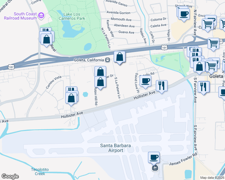 map of restaurants, bars, coffee shops, grocery stores, and more near 133 S La Patera Ln in Goleta