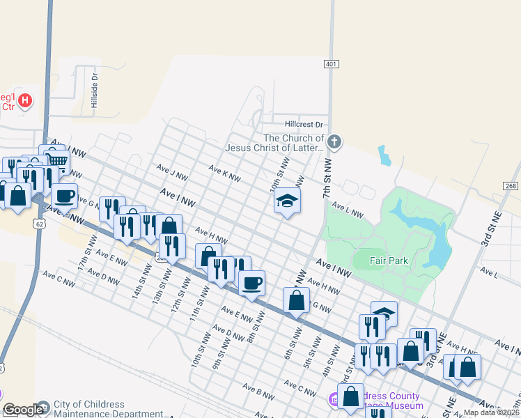 map of restaurants, bars, coffee shops, grocery stores, and more near 902-998 Ave J Northwest in Childress