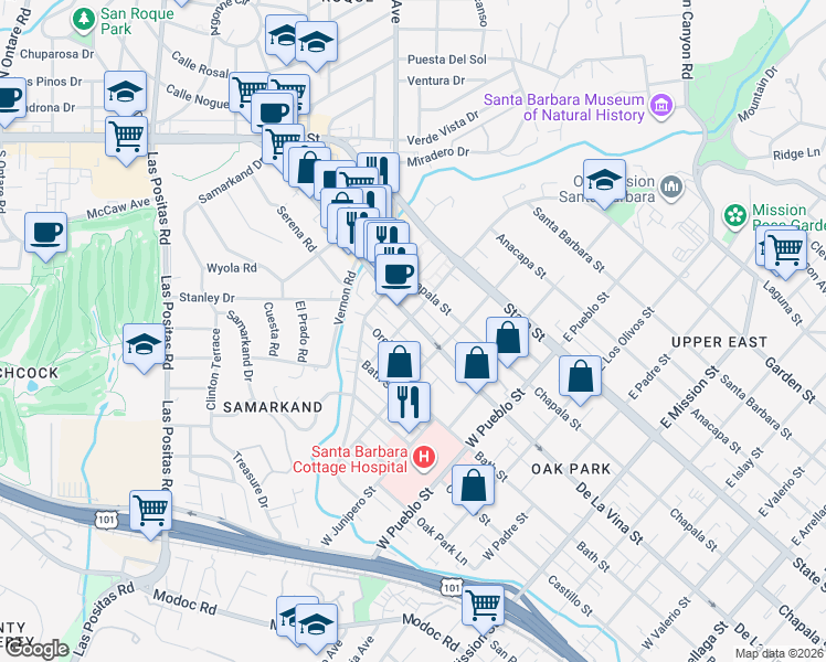 map of restaurants, bars, coffee shops, grocery stores, and more near 2525 De La Vina Street in Santa Barbara