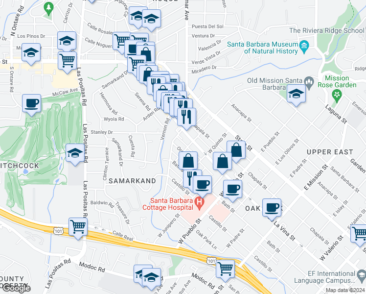 map of restaurants, bars, coffee shops, grocery stores, and more near 2611 Orella Street in Santa Barbara