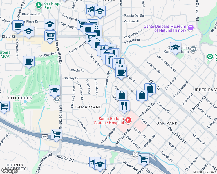 map of restaurants, bars, coffee shops, grocery stores, and more near 2729 Vernon Road in Santa Barbara