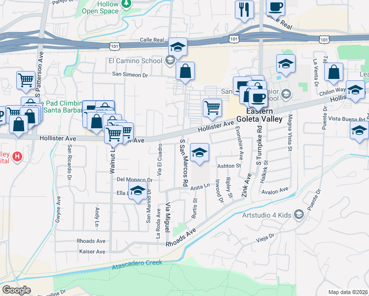map of restaurants, bars, coffee shops, grocery stores, and more near 360 South San Marcos Road in Santa Barbara