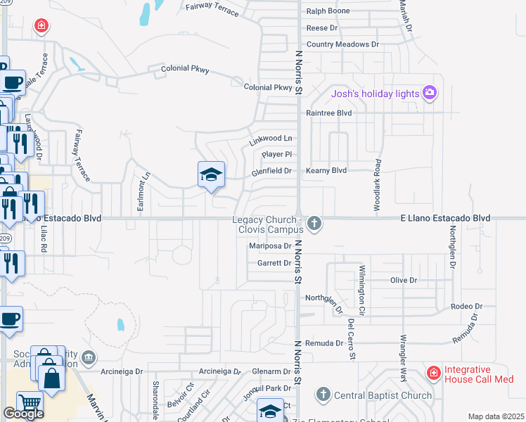map of restaurants, bars, coffee shops, grocery stores, and more near 3605 Ben Crenshaw Circle in Clovis