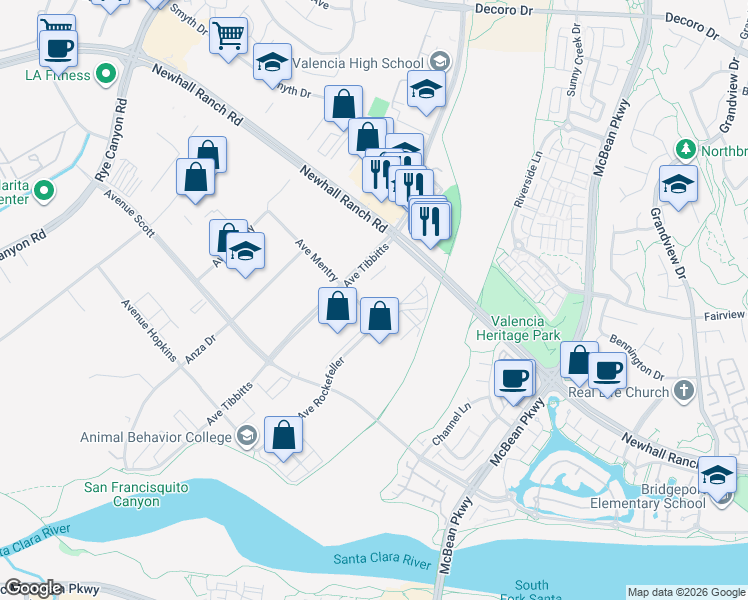 map of restaurants, bars, coffee shops, grocery stores, and more near 27510 Avenue Mentry in Santa Clarita