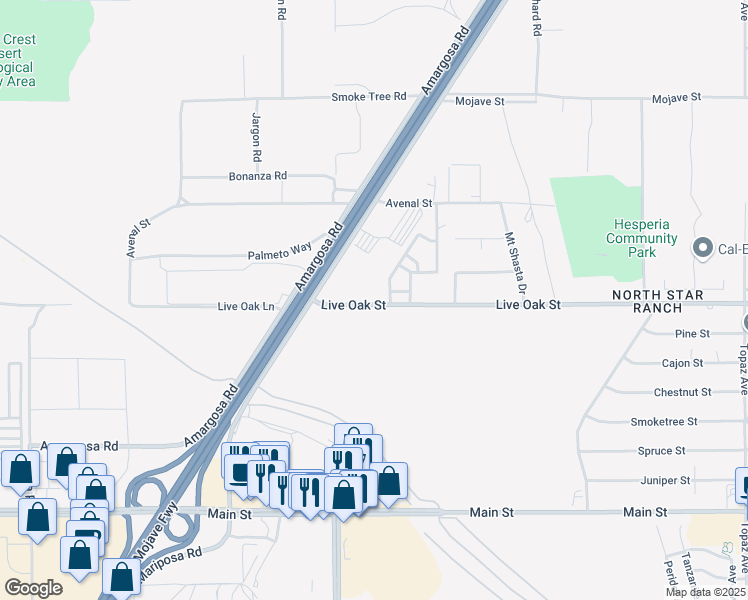 map of restaurants, bars, coffee shops, grocery stores, and more near Live Oak Street in Hesperia