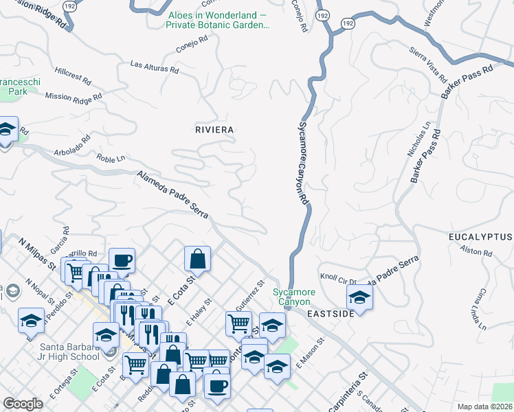 map of restaurants, bars, coffee shops, grocery stores, and more near 244 Las Alturas Road in Santa Barbara