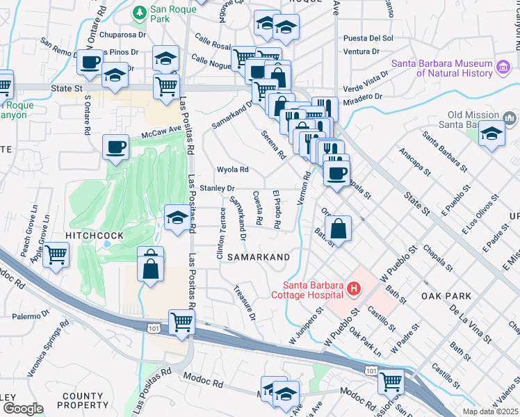 map of restaurants, bars, coffee shops, grocery stores, and more near Cuesta Road in Santa Barbara