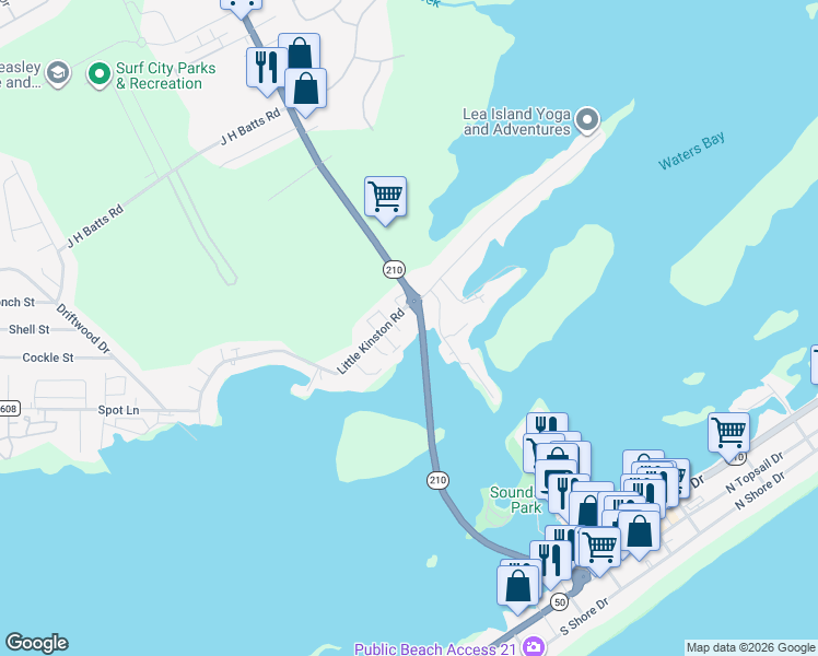 map of restaurants, bars, coffee shops, grocery stores, and more near 202 Waterway Lane in Surf City