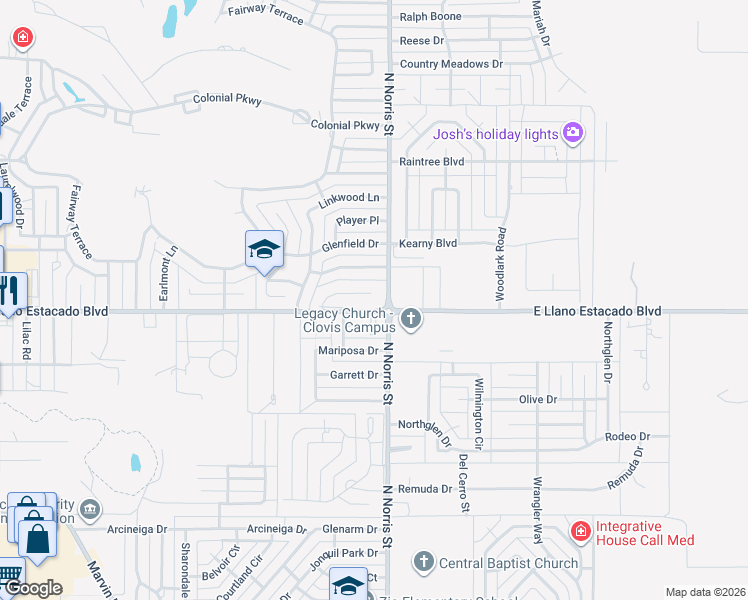 map of restaurants, bars, coffee shops, grocery stores, and more near 3721 Ben Crenshaw Circle in Clovis