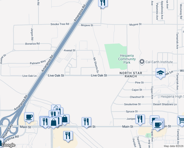 map of restaurants, bars, coffee shops, grocery stores, and more near 13588 Live Oak Street in Hesperia