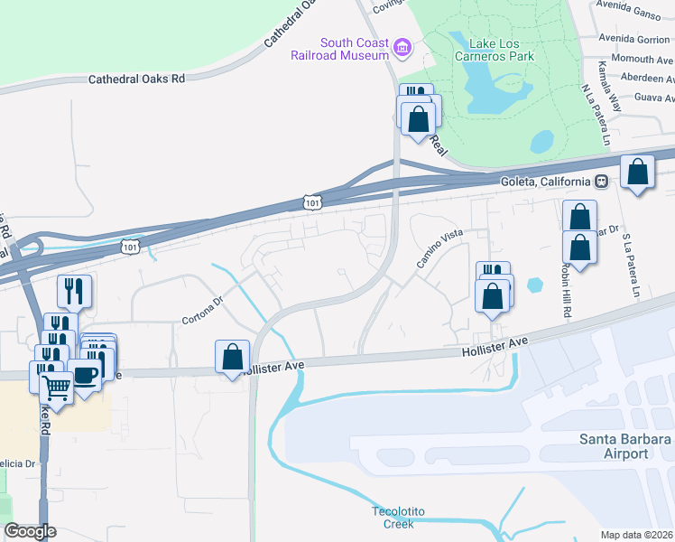 map of restaurants, bars, coffee shops, grocery stores, and more near Karl Storz Drive in Goleta