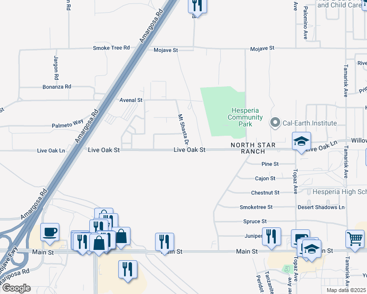 map of restaurants, bars, coffee shops, grocery stores, and more near 13594 Live Oak Street in Hesperia