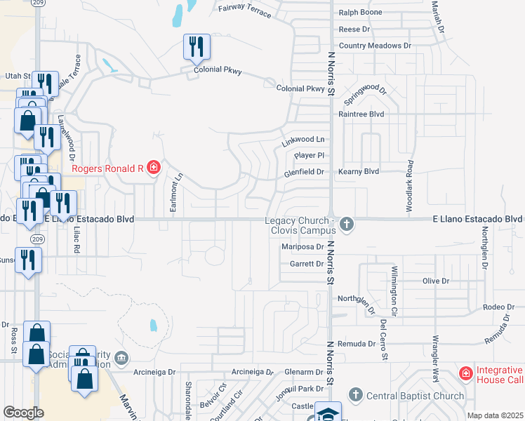 map of restaurants, bars, coffee shops, grocery stores, and more near 21 Paseo Village in Clovis