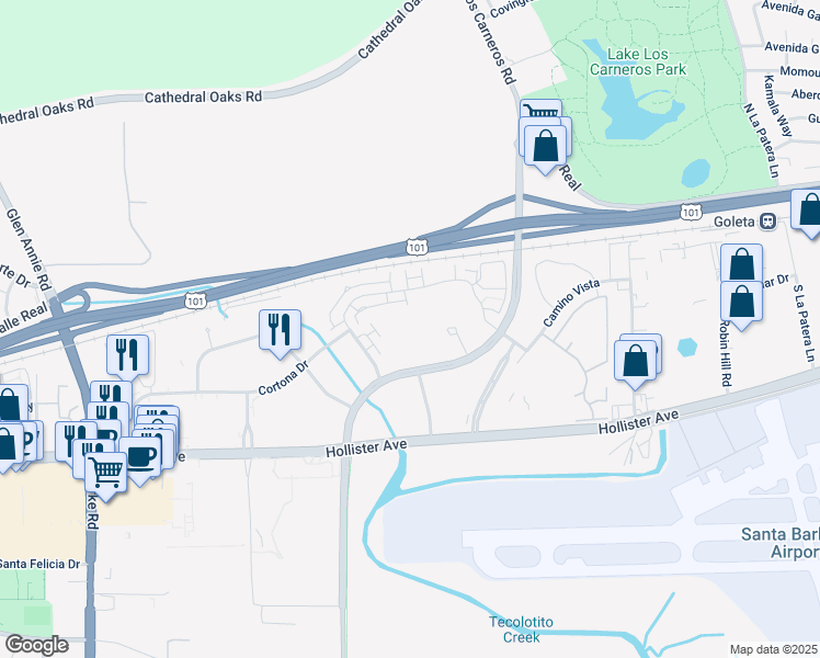 map of restaurants, bars, coffee shops, grocery stores, and more near 71 South Los Carneros Road in Goleta