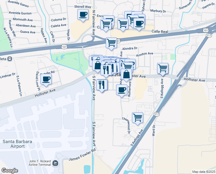 map of restaurants, bars, coffee shops, grocery stores, and more near 5904 Carson Street in Goleta