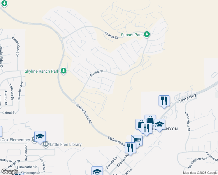 map of restaurants, bars, coffee shops, grocery stores, and more near 18100 Tableau Way in Santa Clarita
