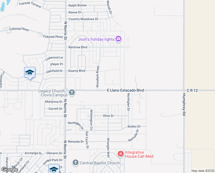 map of restaurants, bars, coffee shops, grocery stores, and more near 2912 East Llano Estacado Boulevard in Clovis