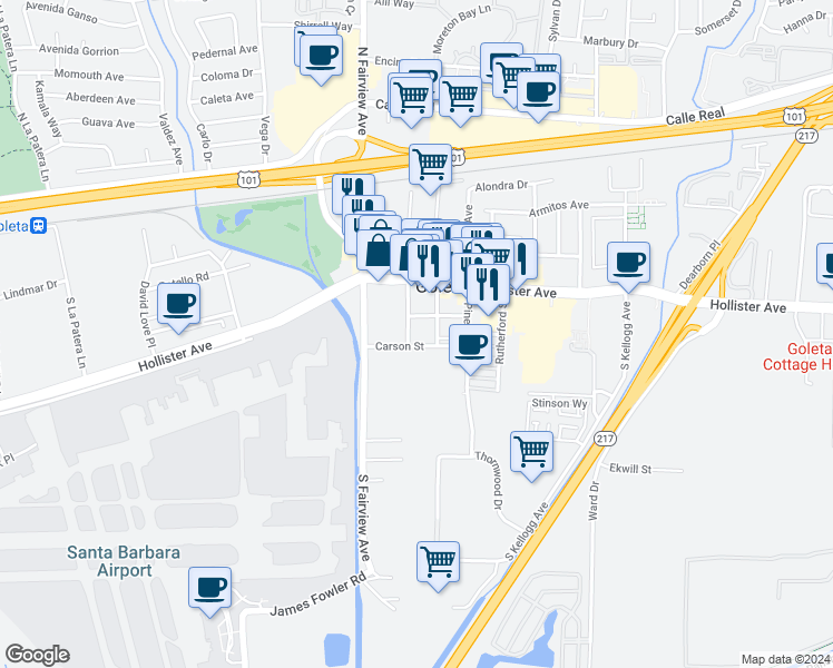 map of restaurants, bars, coffee shops, grocery stores, and more near 5904 Carson Street in Goleta