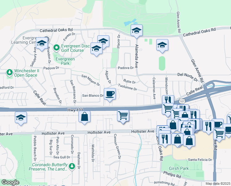 map of restaurants, bars, coffee shops, grocery stores, and more near 7386 Calle Real in Goleta
