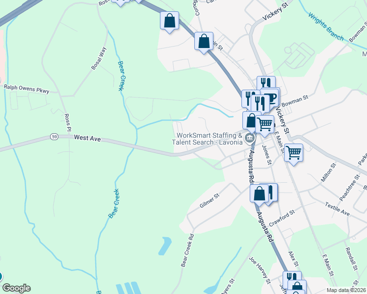 map of restaurants, bars, coffee shops, grocery stores, and more near 56 West Avenue in Lavonia