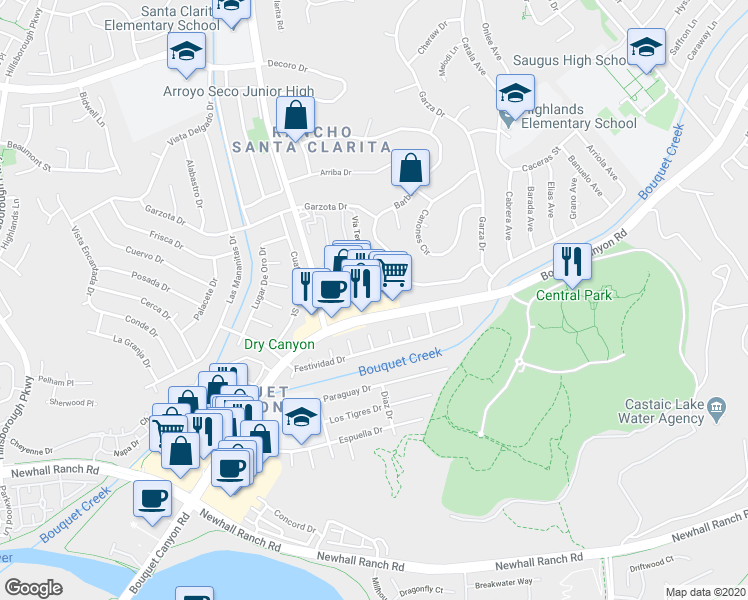 map of restaurants, bars, coffee shops, grocery stores, and more near 26877 Bouquet Canyon Road in Santa Clarita