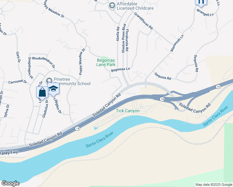 map of restaurants, bars, coffee shops, grocery stores, and more near 14836 Raquel Lane in Santa Clarita