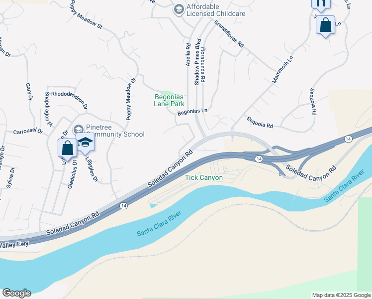 map of restaurants, bars, coffee shops, grocery stores, and more near 14836 Raquel Lane in Santa Clarita